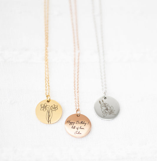 Birth Flower Necklace: Engraved Stainless Steel Floral Jewelry