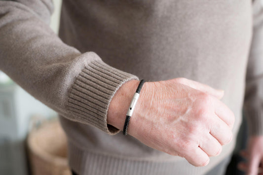 Men's Hidden Message Leather Bracelet, Matte Silver