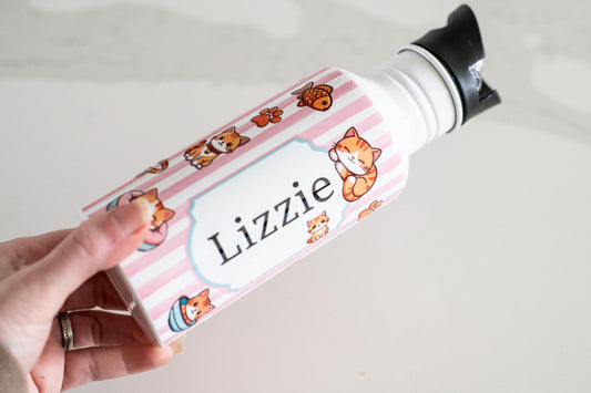 Personalised Kids cats themed water bottle