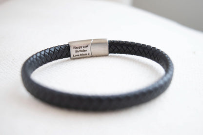 Men's Hidden Message Leather Bracelet, Matte Silver
