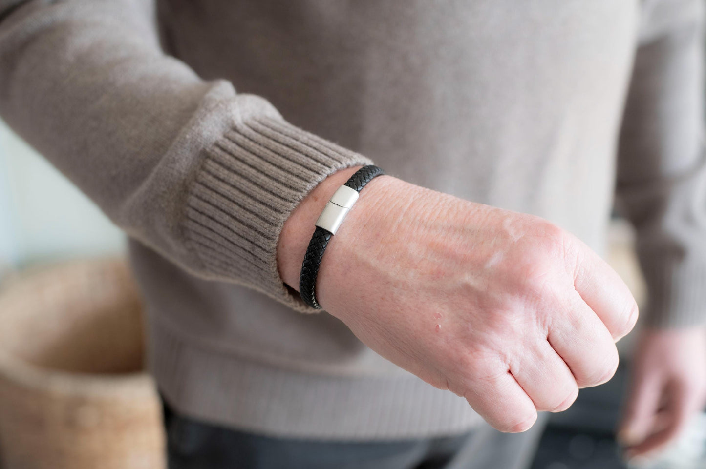 Men's Hidden Message Leather Bracelet, Matte Silver