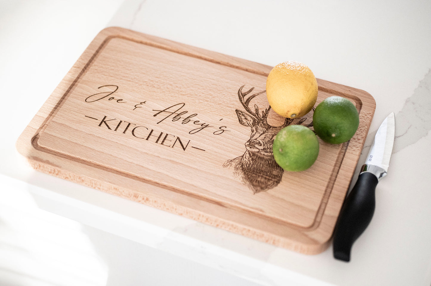 Personalized Stag Cutting Board: Engraved Beech Wood Serving Platter