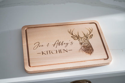 Personalized Stag Cutting Board: Engraved Beech Wood Serving Platter