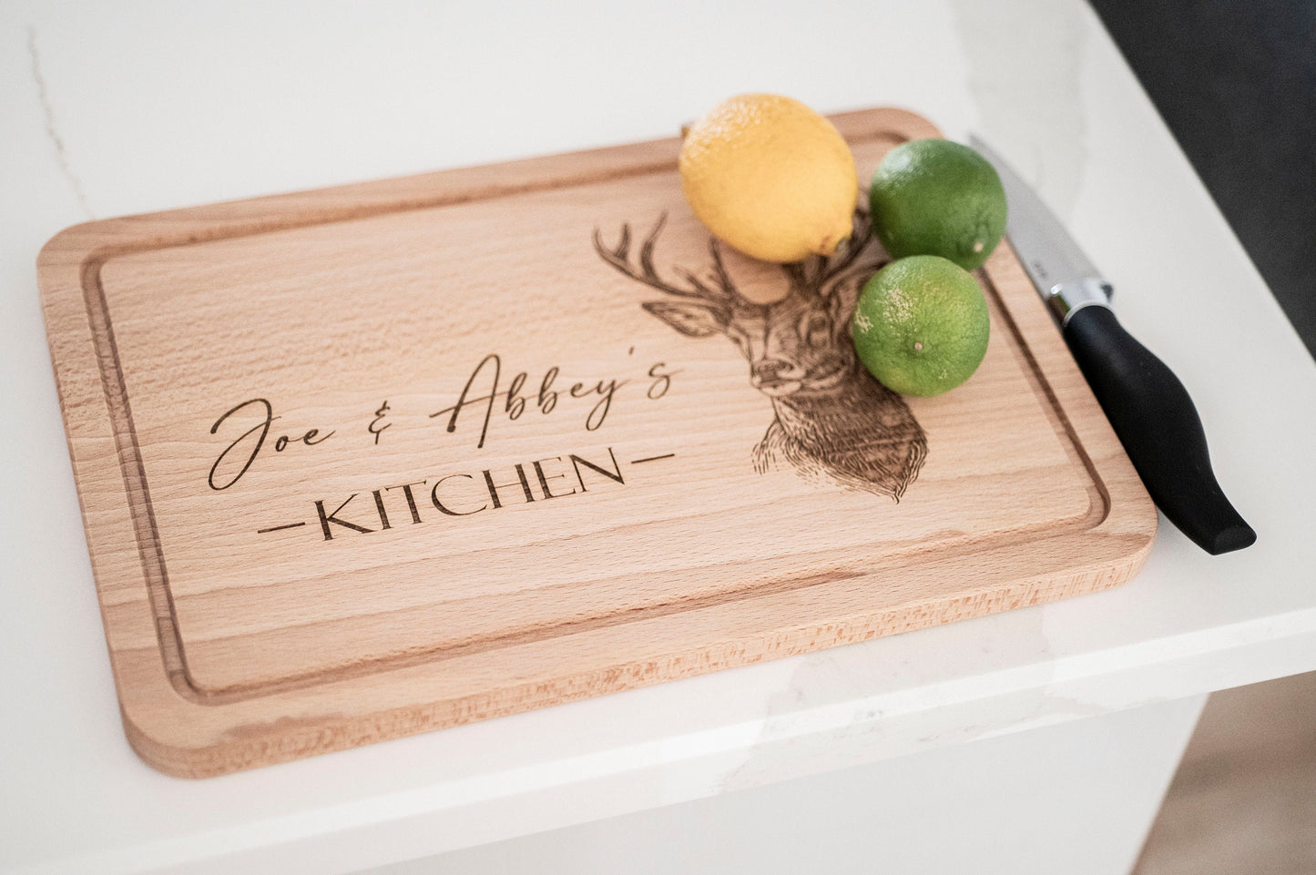 Personalized Stag Cutting Board: Engraved Beech Wood Serving Platter