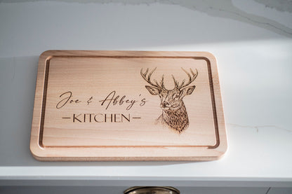 Personalized Stag Cutting Board: Engraved Beech Wood Serving Platter