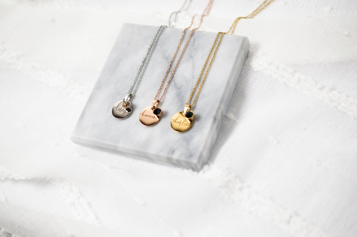 Personalized Birthstone Necklace: Engraved Stainless Steel Name Disc