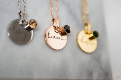 Personalized Birthstone Necklace: Engraved Stainless Steel Name Disc