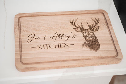 Personalized Stag Cutting Board: Engraved Beech Wood Serving Platter