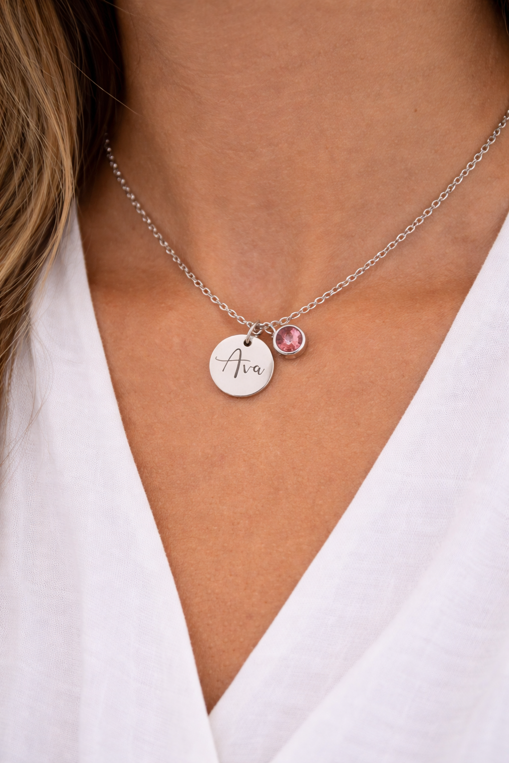 Personalized Silver Name & Birthstone Necklace, Waterproof stainless steel