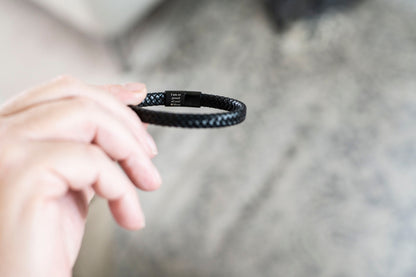 Men's Hidden Message Leather Bracelet, Matte Black
