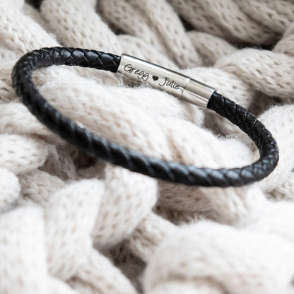 Men's Hidden Message  Leather Bracelet, Silver