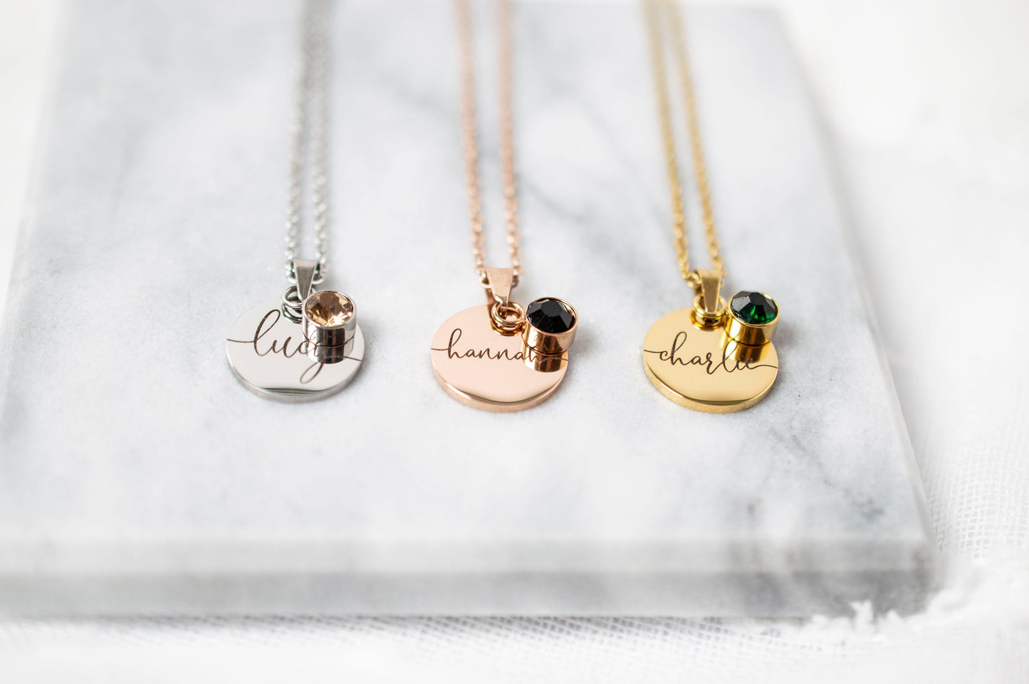 Personalized Birthstone Necklace: Engraved Stainless Steel Name Disc