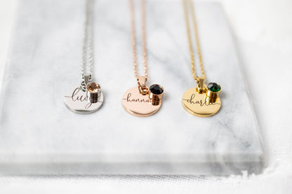 Personalized Birthstone Necklace: Engraved Stainless Steel Name Disc