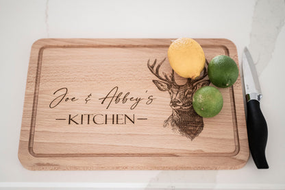 Personalized Stag Cutting Board: Engraved Beech Wood Serving Platter