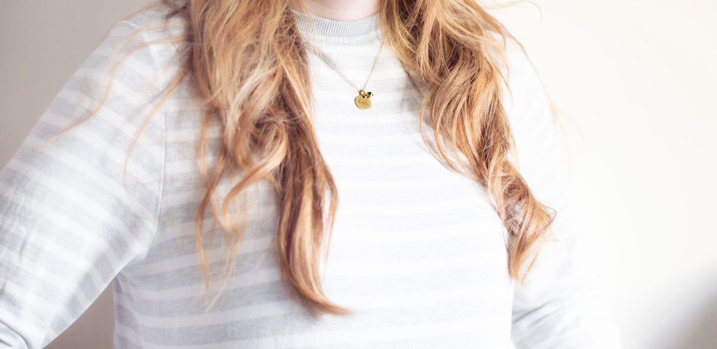 Personalized Birthstone Necklace: Engraved Stainless Steel Name Disc