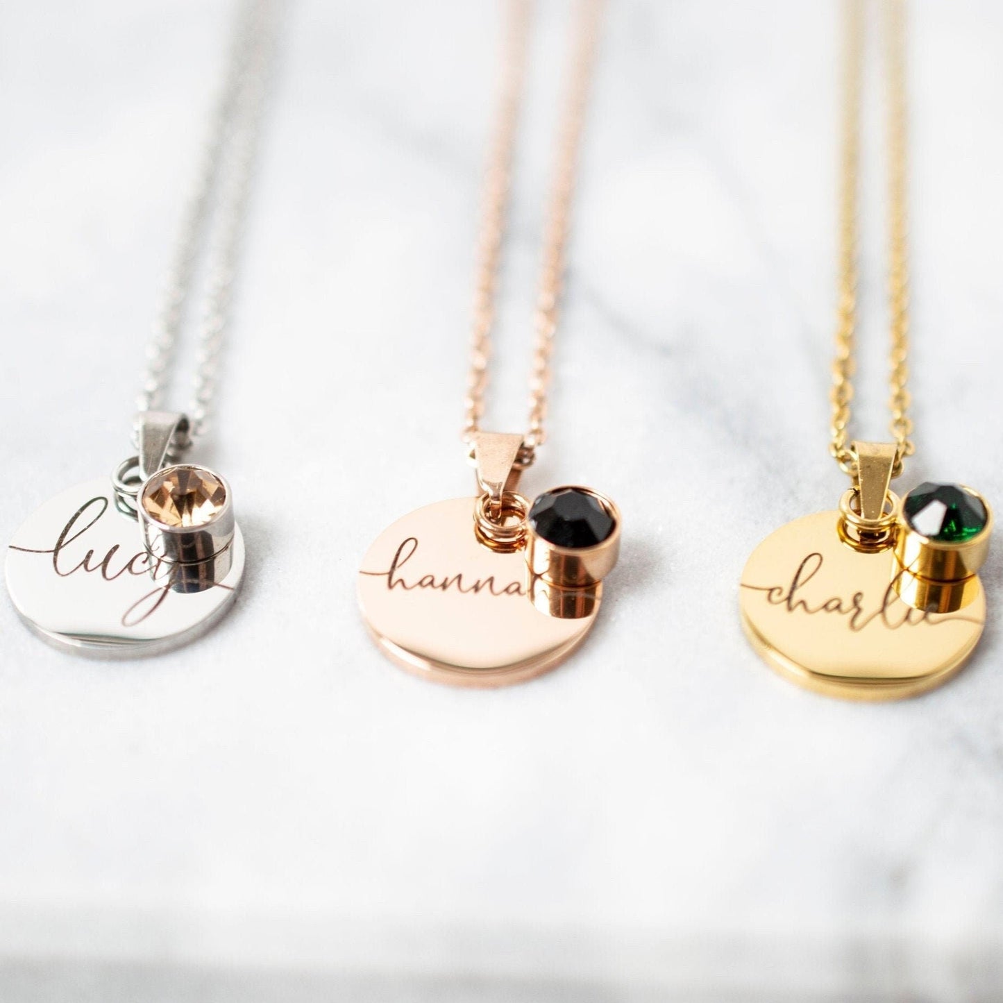 Personalized Birthstone Necklace: Engraved Stainless Steel Name Disc