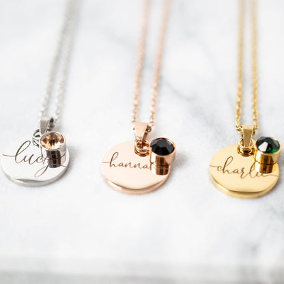 Personalized Birthstone Necklace: Engraved Stainless Steel Name Disc