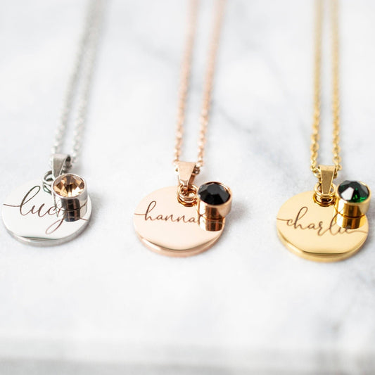 Personalized Birthstone Necklace: Engraved Stainless Steel Name Disc