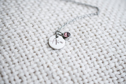Personalized Silver Name & Birthstone Necklace, Waterproof stainless steel