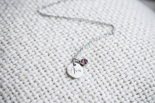 Personalized Silver Name & Birthstone Necklace, Waterproof stainless steel