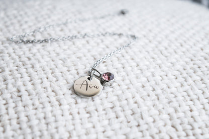 Personalized Silver Name & Birthstone Necklace, Waterproof stainless steel
