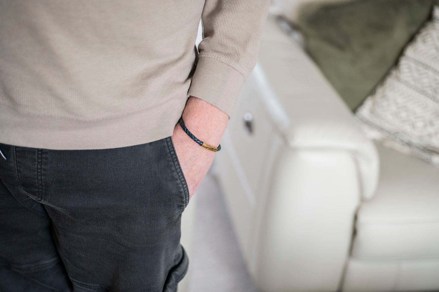 Men’s hidden message bracelet - gold personalized leather band with secret engraving