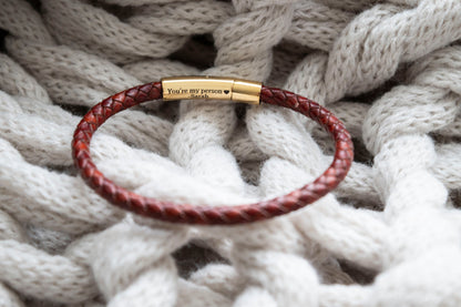 Men’s hidden message bracelet - gold personalized leather band with secret engraving