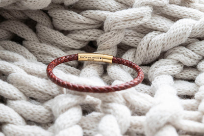 Men’s hidden message bracelet - gold personalized leather band with secret engraving