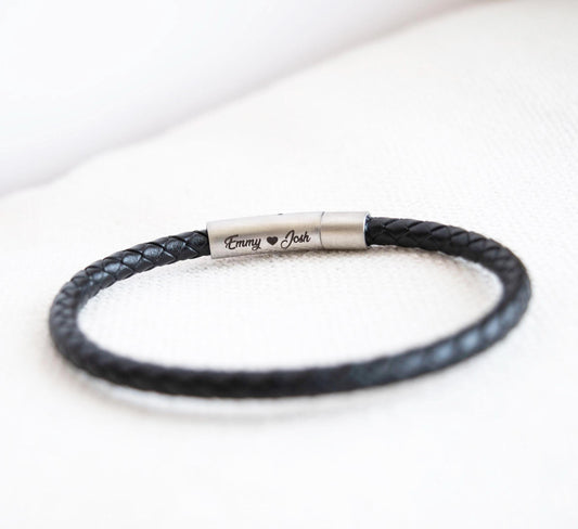 Personalized Leather Bracelet for Men - Matte silver