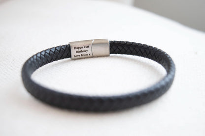 Men's Personalized Leather Bracelet, Stainless Steel Hidden Message