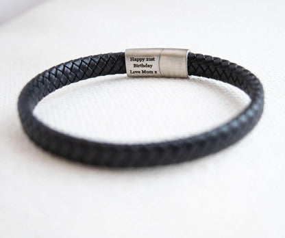Men's Personalized Leather Bracelet, Stainless Steel Hidden Message