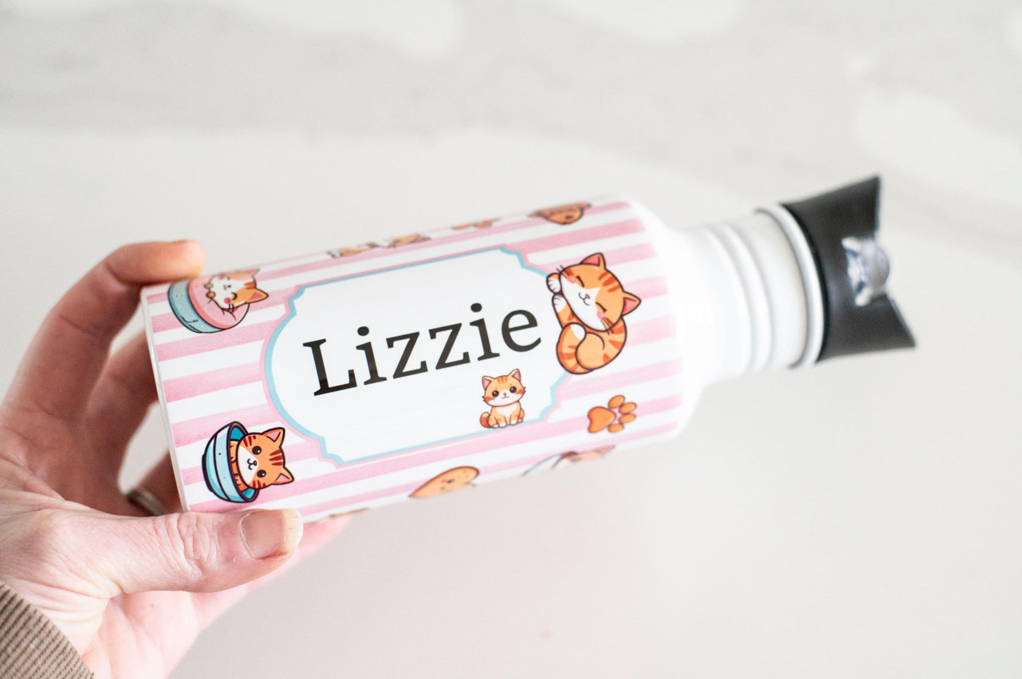 Personalised Kids cats themed water bottle