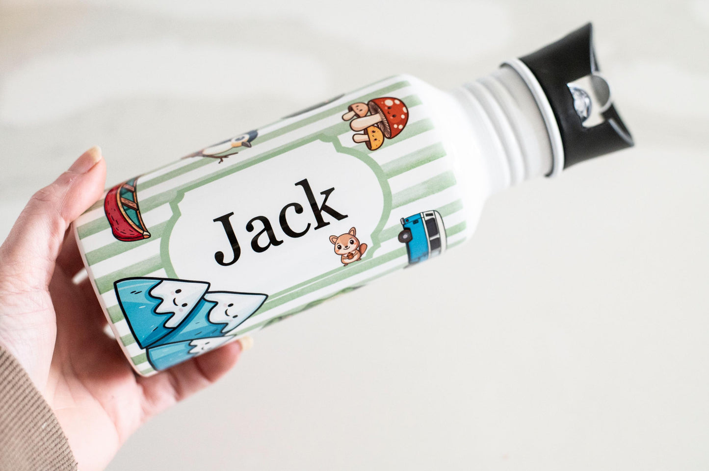 Kids Water bottle Personalised Camping themed
