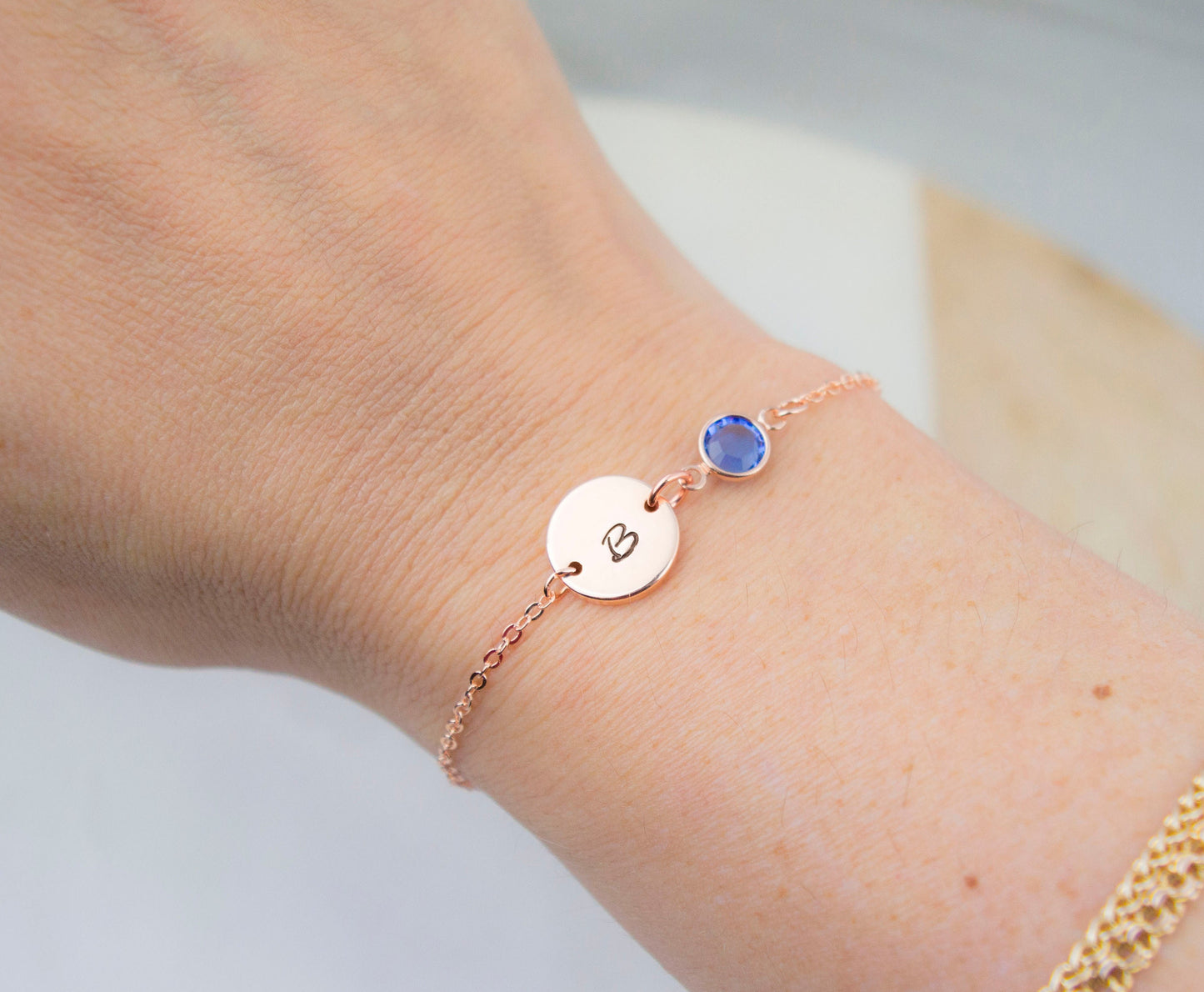 Rose Gold Birthstone & Initial Bracelet