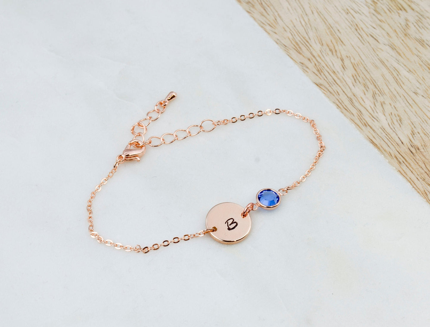 Rose Gold Birthstone & Initial Bracelet