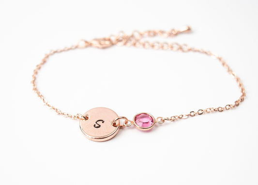 Rose Gold Birthstone & Initial Bracelet